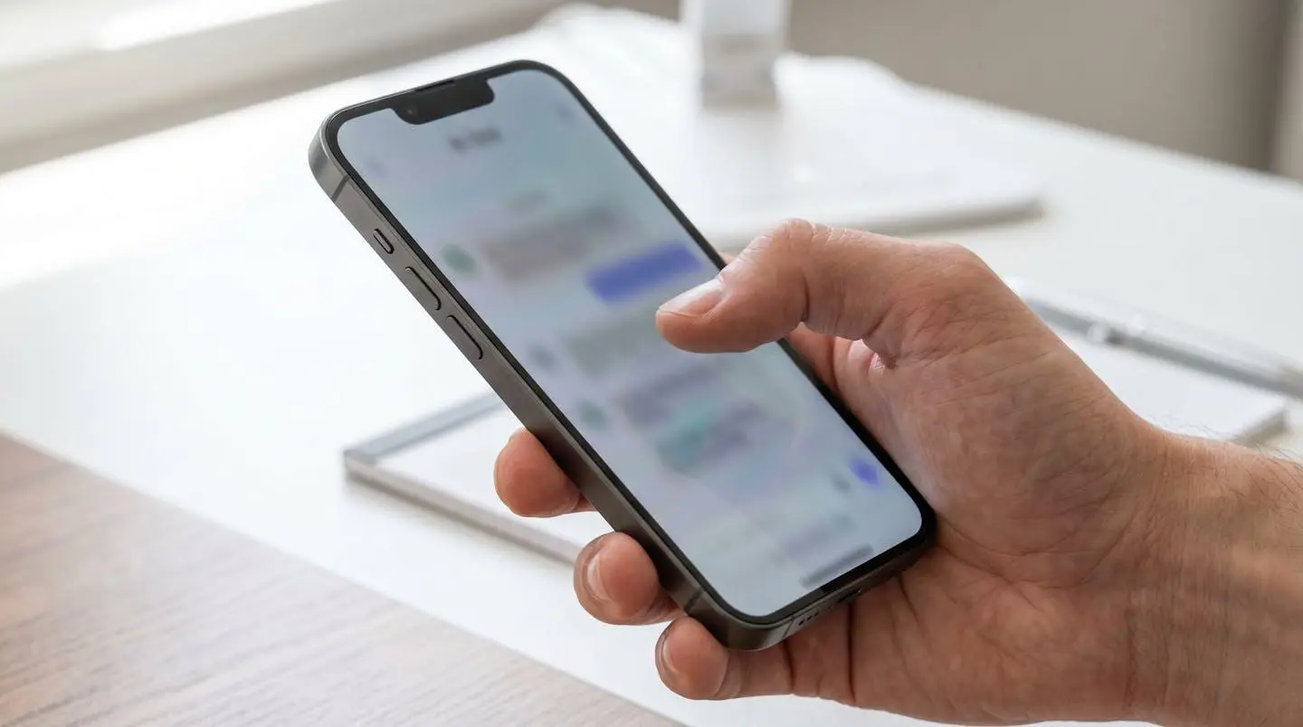 Gros plan sur une main tenant un smartphone moderne avec une interface de chat IA complètement floue à l'écran