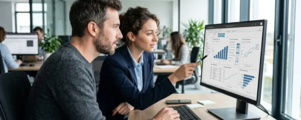 Deux professionnels vus de dos analysent des graphiques statistiques sur un écran d'ordinateur dans un bureau lumineux contemporain
