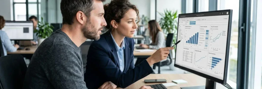 Deux professionnels vus de dos analysent des graphiques statistiques sur un écran d'ordinateur dans un bureau lumineux contemporain